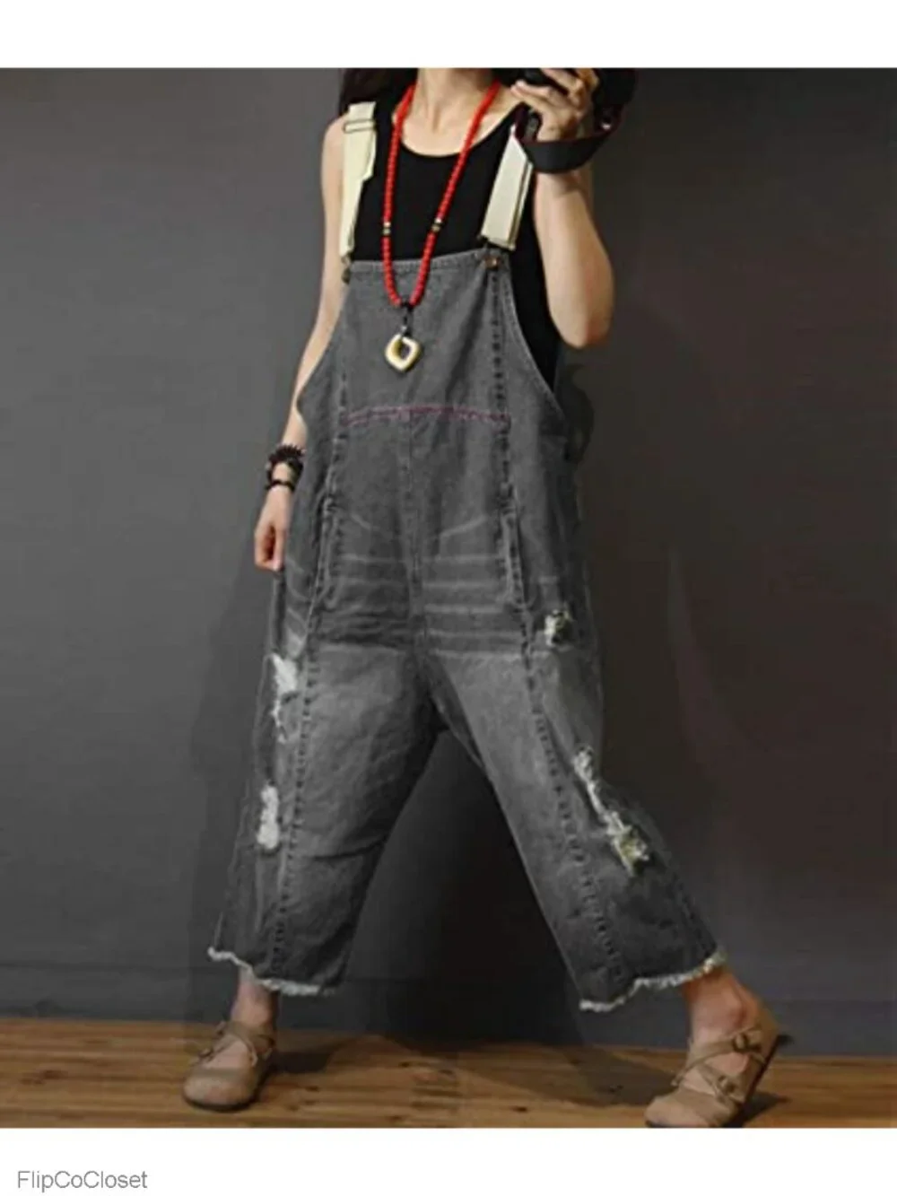 Women's Distressed Ripped Fringed Denim Overalls Cropped Loose Fit Jumpsuit